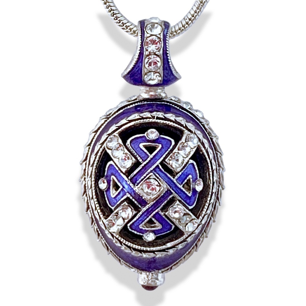 BLUE ENAMEL STERLING Silver Maze Art Deco Faberge Egg Pendant Swarovski Crystals